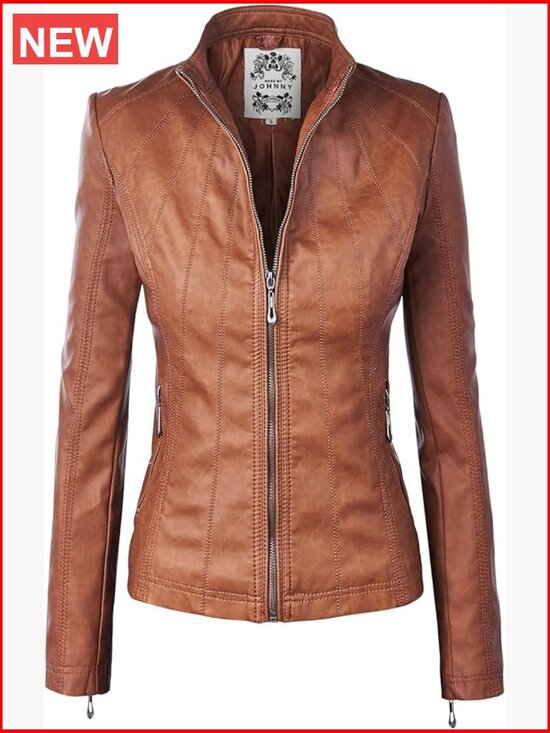 Jackets & Blazers - Faux Leather Moto Biker Jacket with Stitching Detail